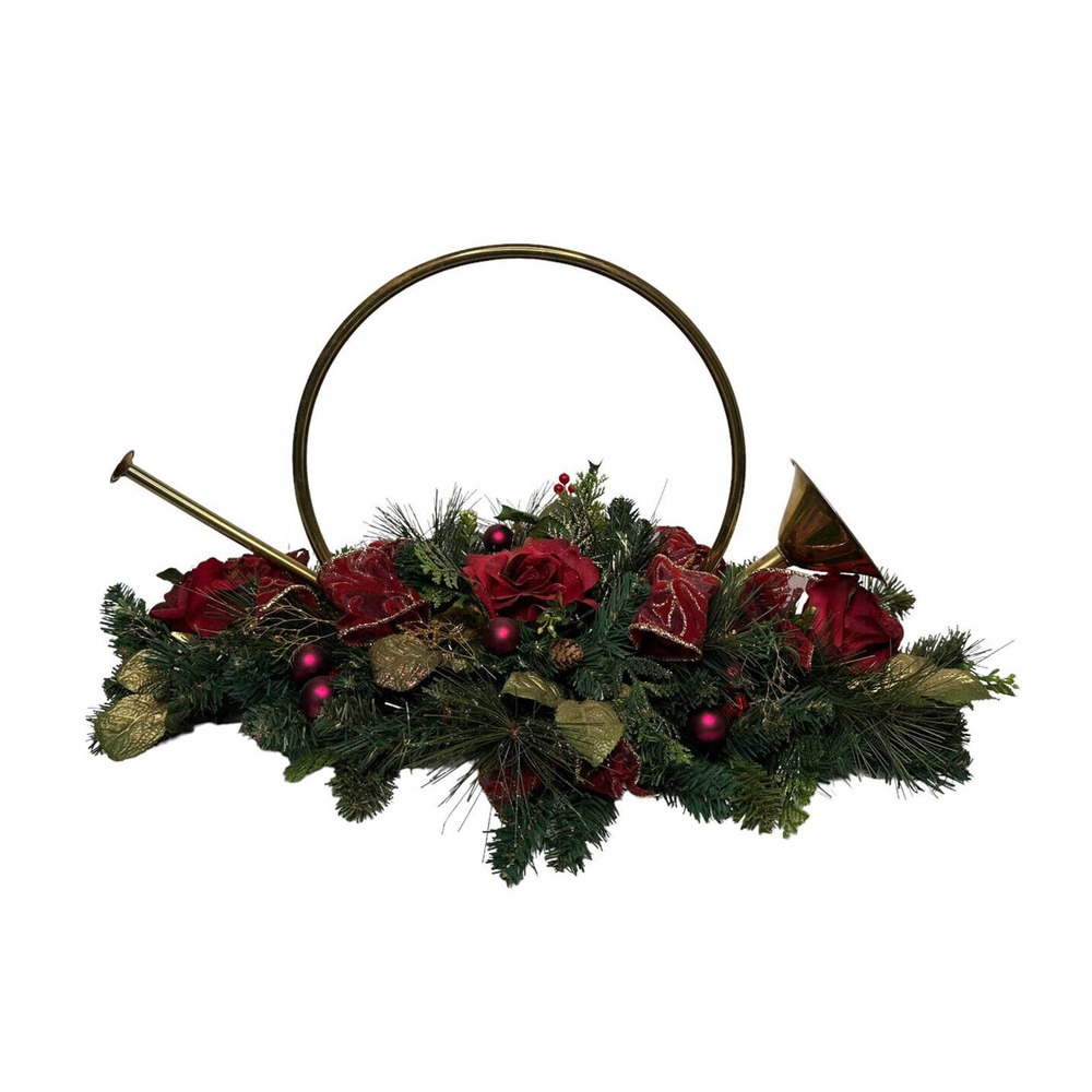Vintage Brass Bugle 19" Horn‎ Ivy Red Bow Pine Floral Pinecone Christmas Decor